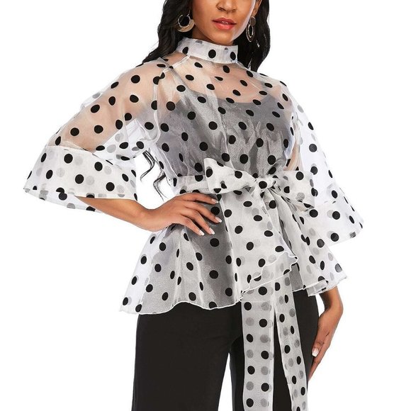 . Tops - White Boho Womens Polka Dot Belted Organza Top